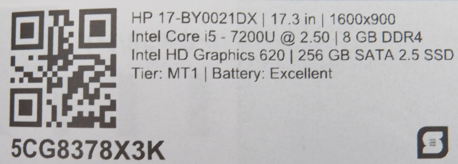 HP 17 TY0021DX i5-7200U @ 2.5GHz 8GB DDR4 256GB SSD 17.3″ No OS