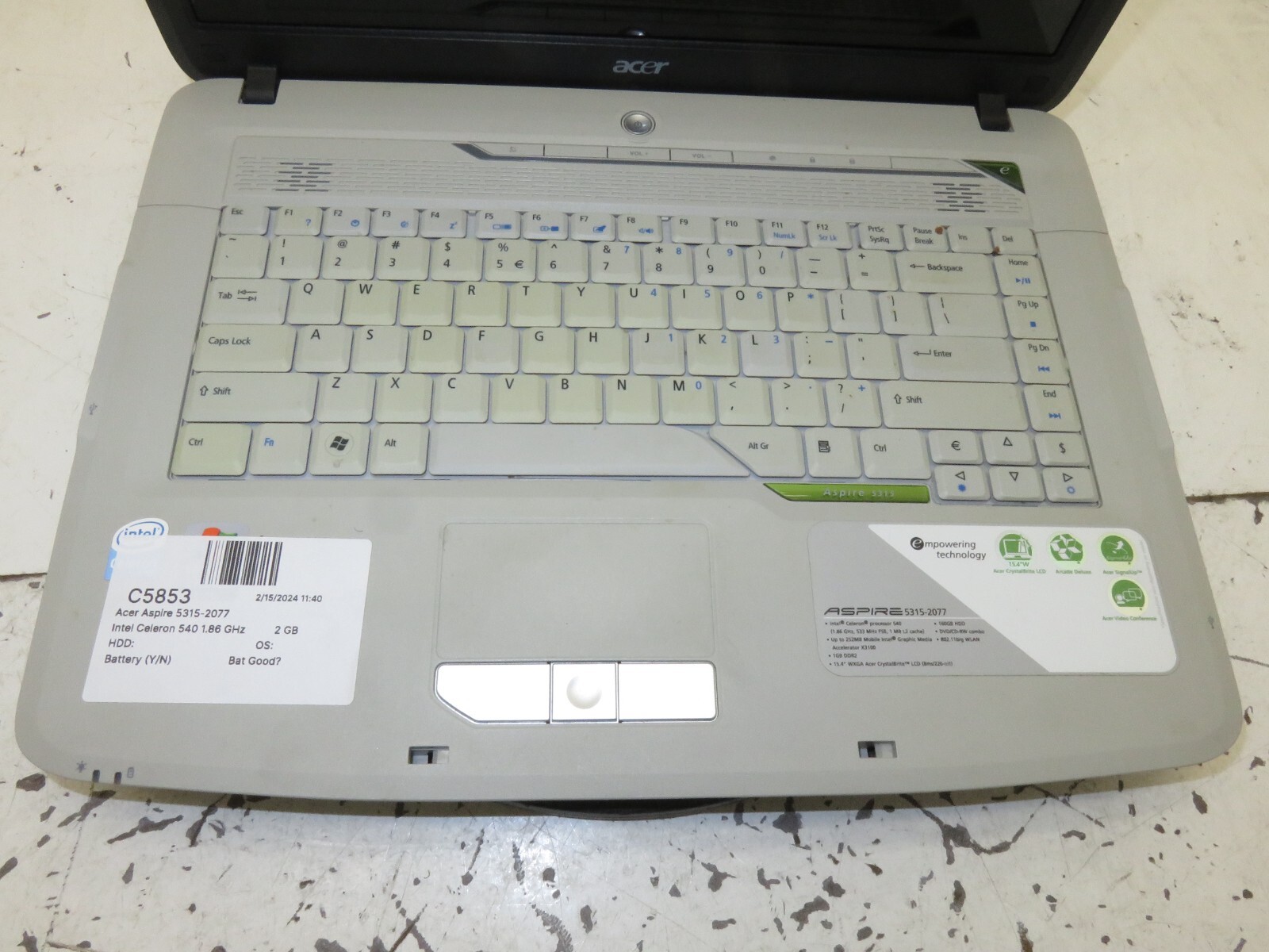 Acer Aspire 5315-2077 Laptop Intel Celeron 540 2GB Ram No HDD or Battery