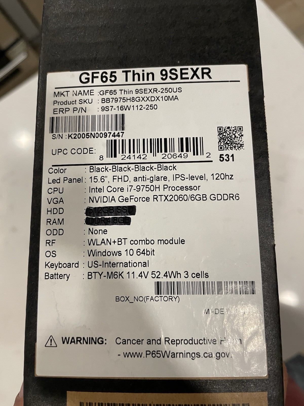 Msi Gaming Laptop Gf65 thin 9sexr