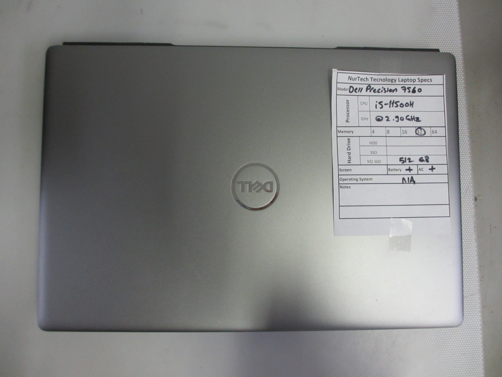 DELL PRECISION 7560 i5-11500H 2.9GHz 32GB/512GB M2 SSD Laptop + AC NO OS
