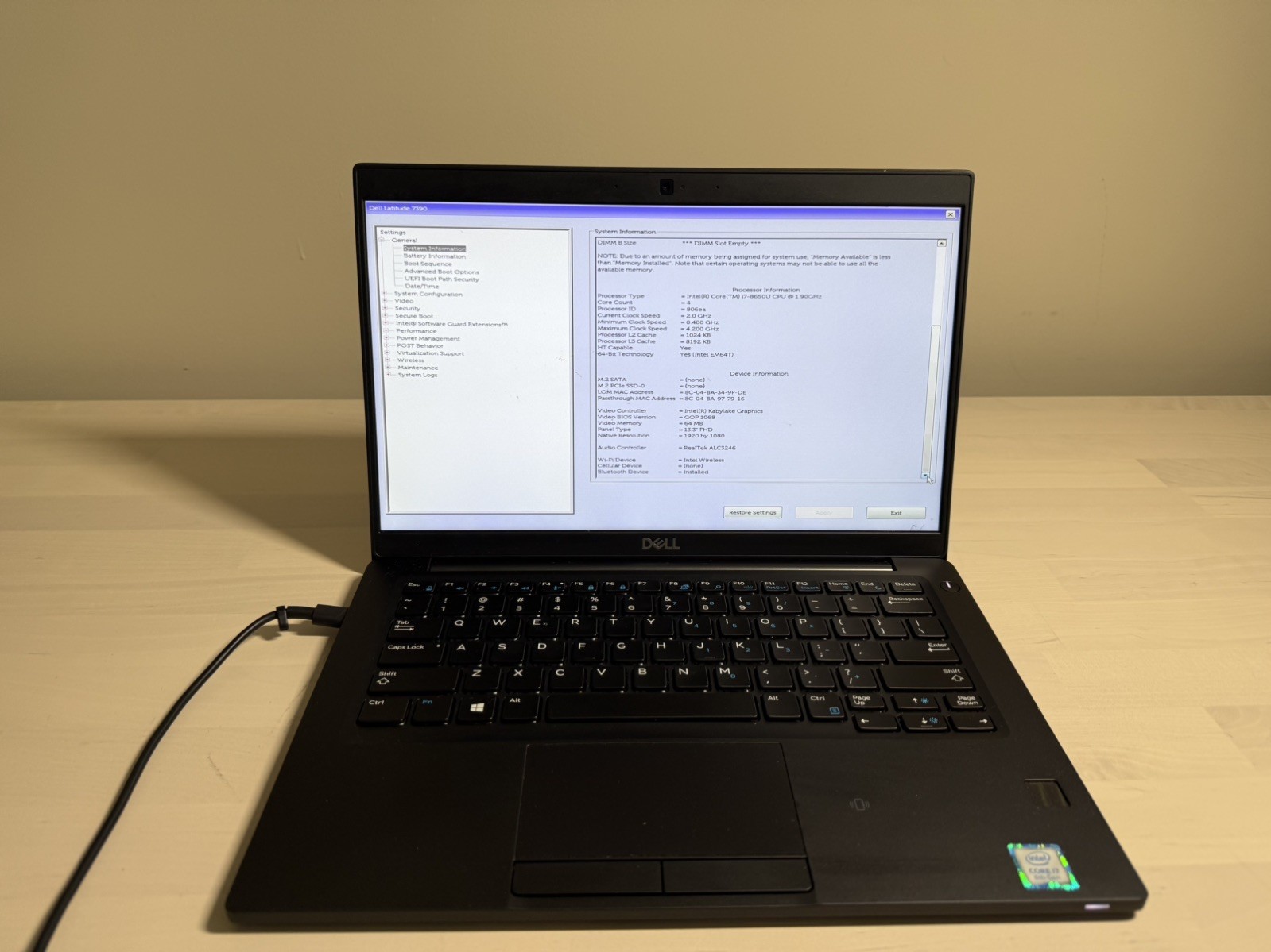 Dell Latitude 7390 Laptop Intel Core i7 8th Gen No HD/OS/AC Adapter