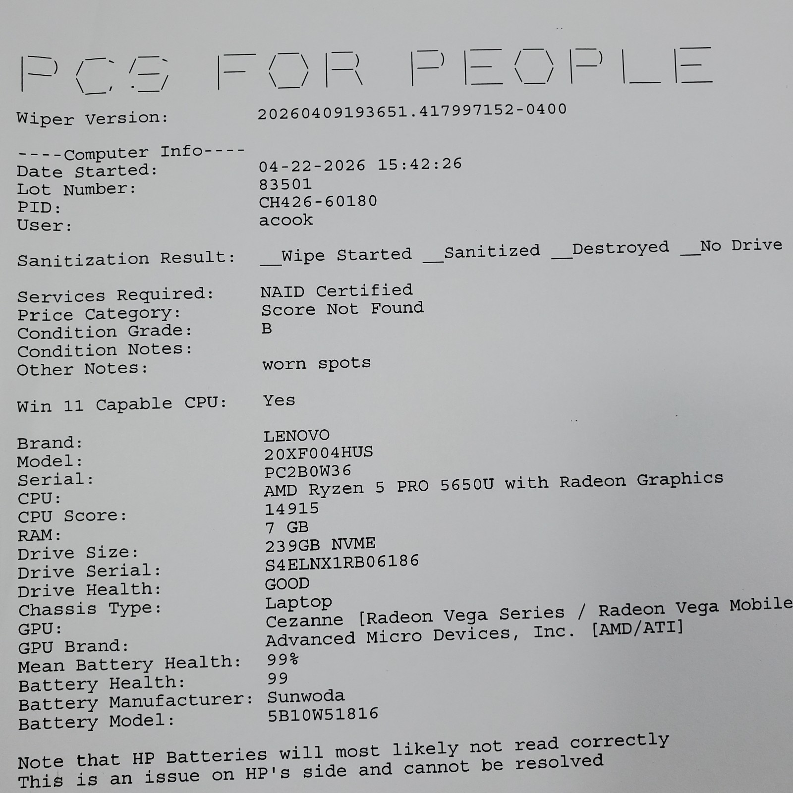 Lenovo ThinkPad T14s Gen 2 AMD Ryzen 5 PRO 5650U 8GB RAM 256GB SSD NO OS