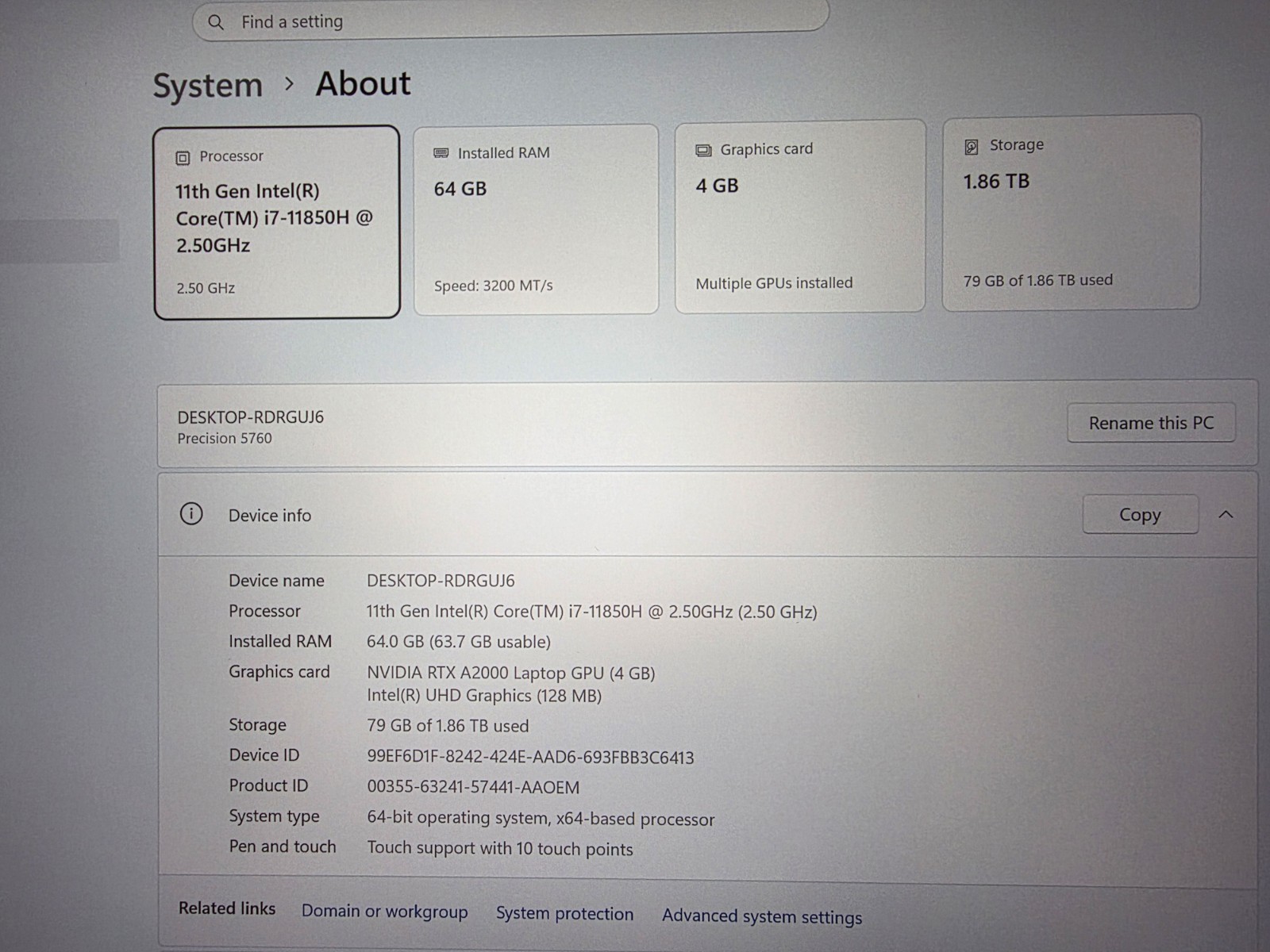 Dell Precision 5760 17″ 4K Touch i7-11850H 64GB 2TB NVIDIA RTX A2000-4GB Win 11P