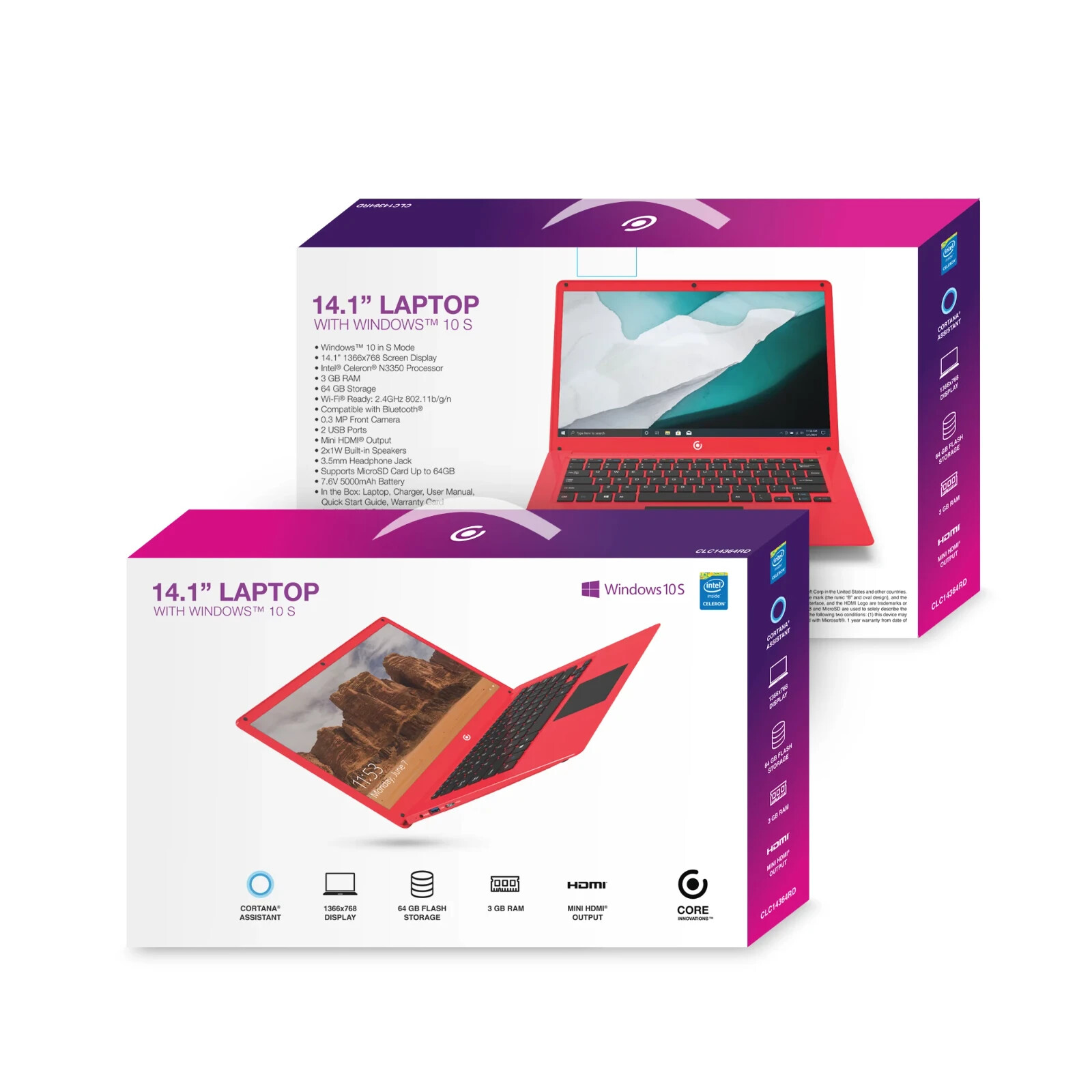 Core Innovations Red 14.1″ HD 1.1GHz 3GB 64GB Ubuntu+/or Win11/10, Office*