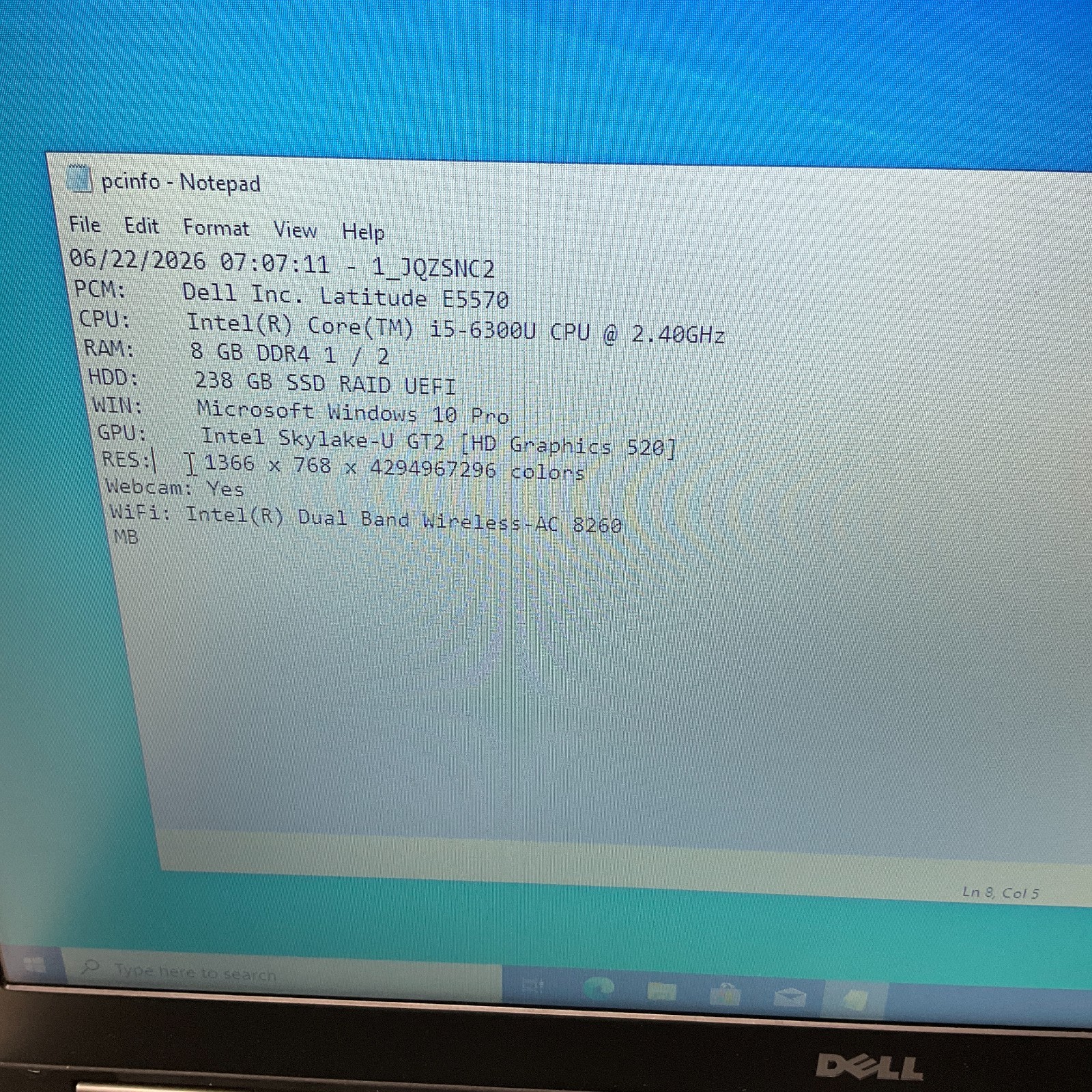 Dell Latitude E5570 Intel Core i5-6200U – 8GB Ram- 256GB SSD Windows 10 NO BAT
