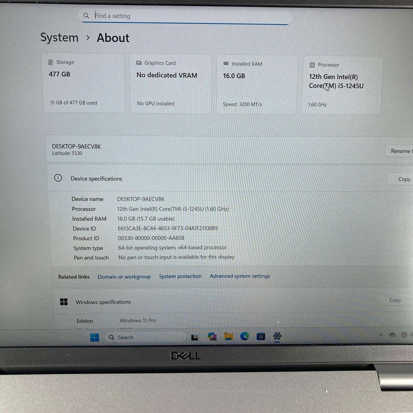 Dell Latitude 5530 15.6″ Core i5-1245U 1.6GHz 16GB RAM 512GB SSD WIN 11