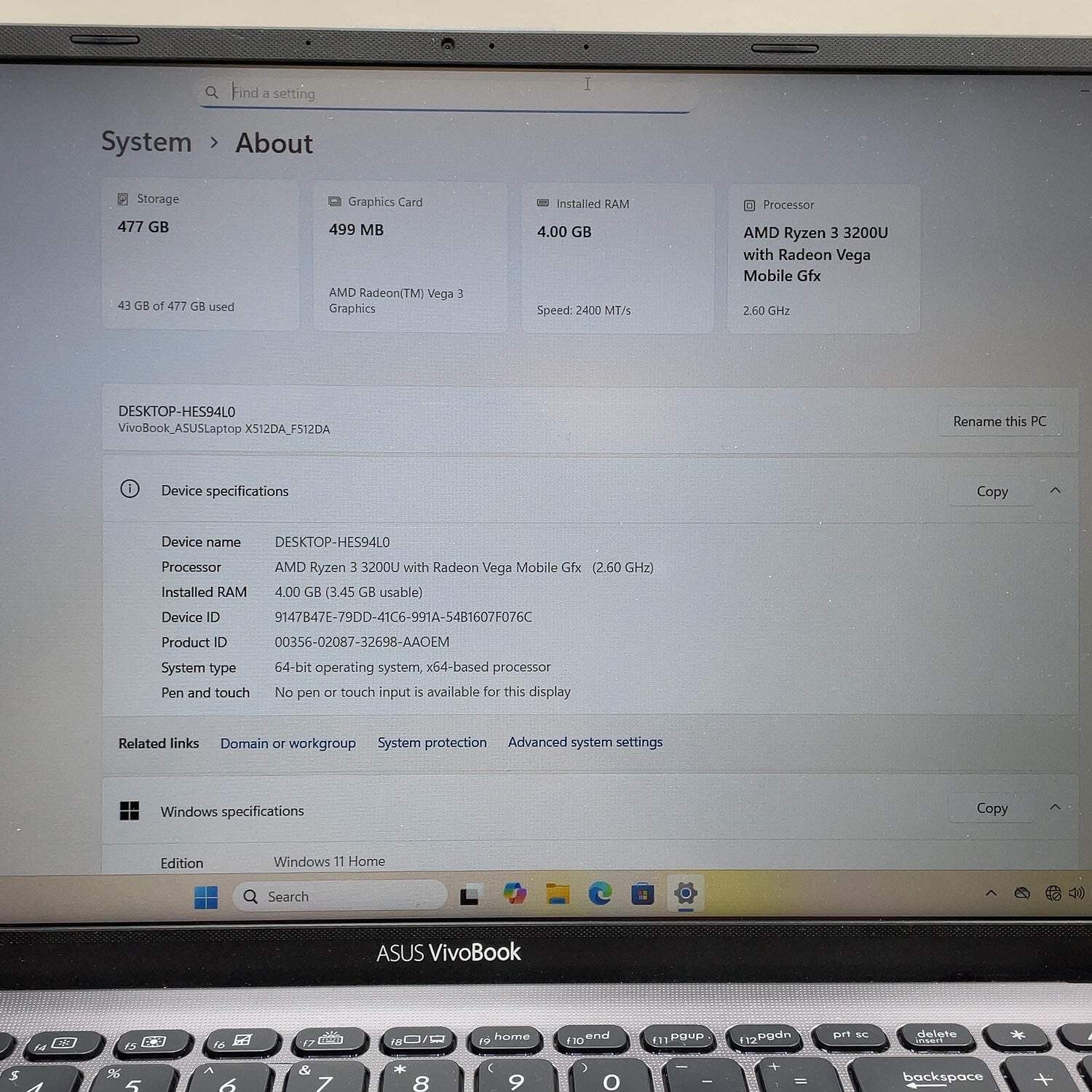 Asus Vivobook 15 F512D 15.6″ Ryzen 3 3200U 2.6GHz 4GB RAM 512GB SSD