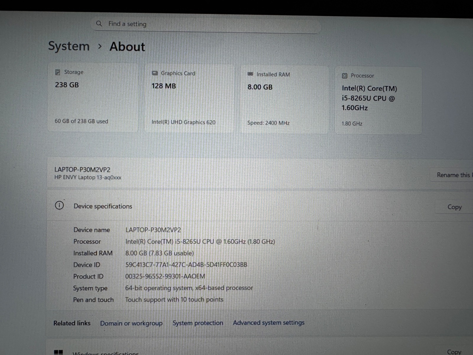 HP ENVY 13-aq0011ms Laptop i5-8265U 8GB RAM 238GB SSD – READ DESCRIPTION