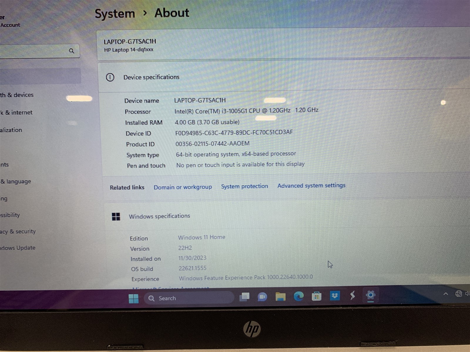 HP Laptop 14-dq1 Intel i3-1005G1 1.20GHz 4GB RAM 128GB NVMe SSD Win11 Bad Battry