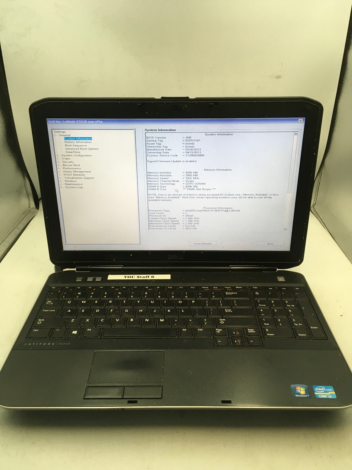 DELL LATITUDE E5530 – BOOTS TO BIOS – INTEL I3 3110M – NO RAM – READ DESC – BB