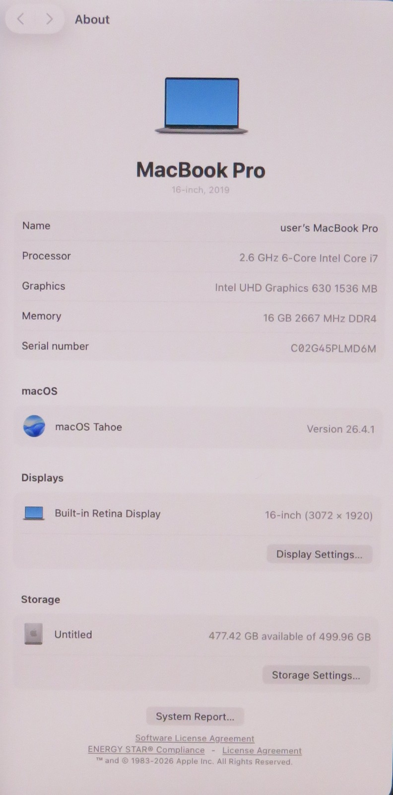 Apple MacBook Pro 2019 16in A2141 i7 9750H 2.6GHz 16GB RAM 512GB Tahoe 5300M