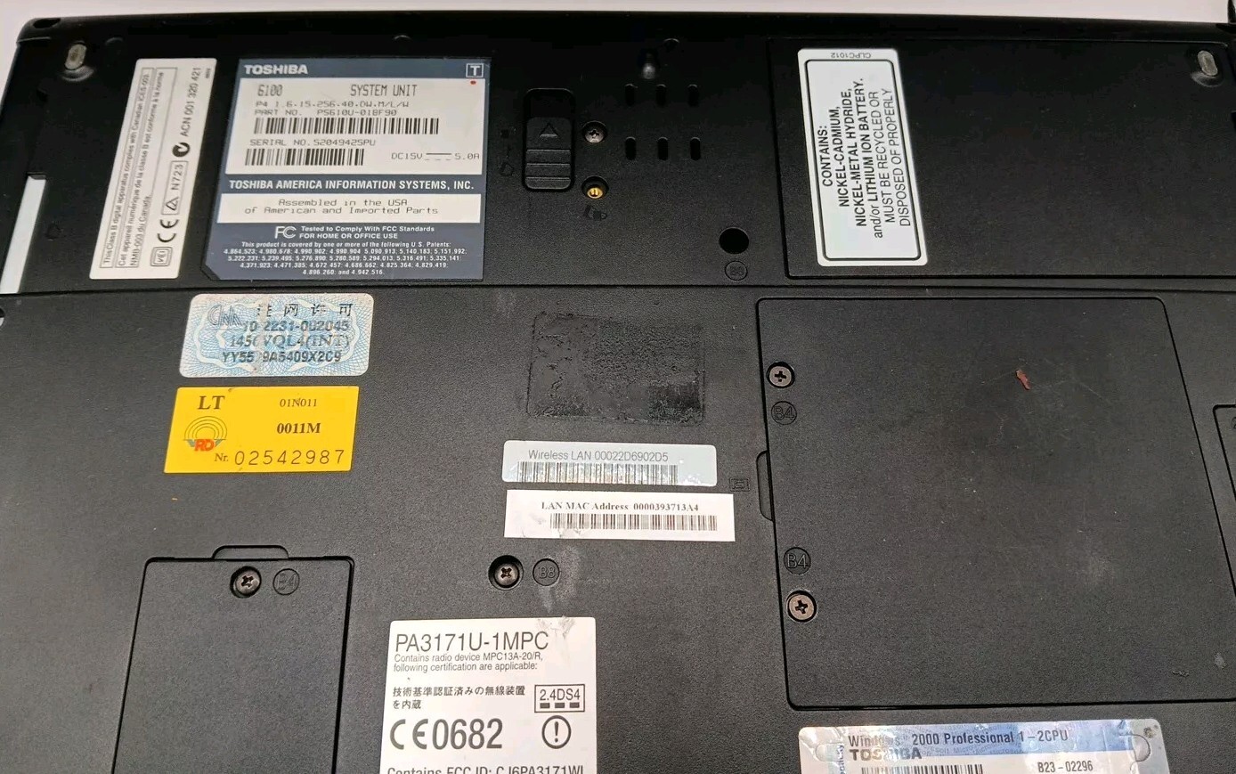 Toshiba Satellite Pro Pentium 4 2GHz 15″ Laptop Battery,CDRW DVDROM, no AC/no HD