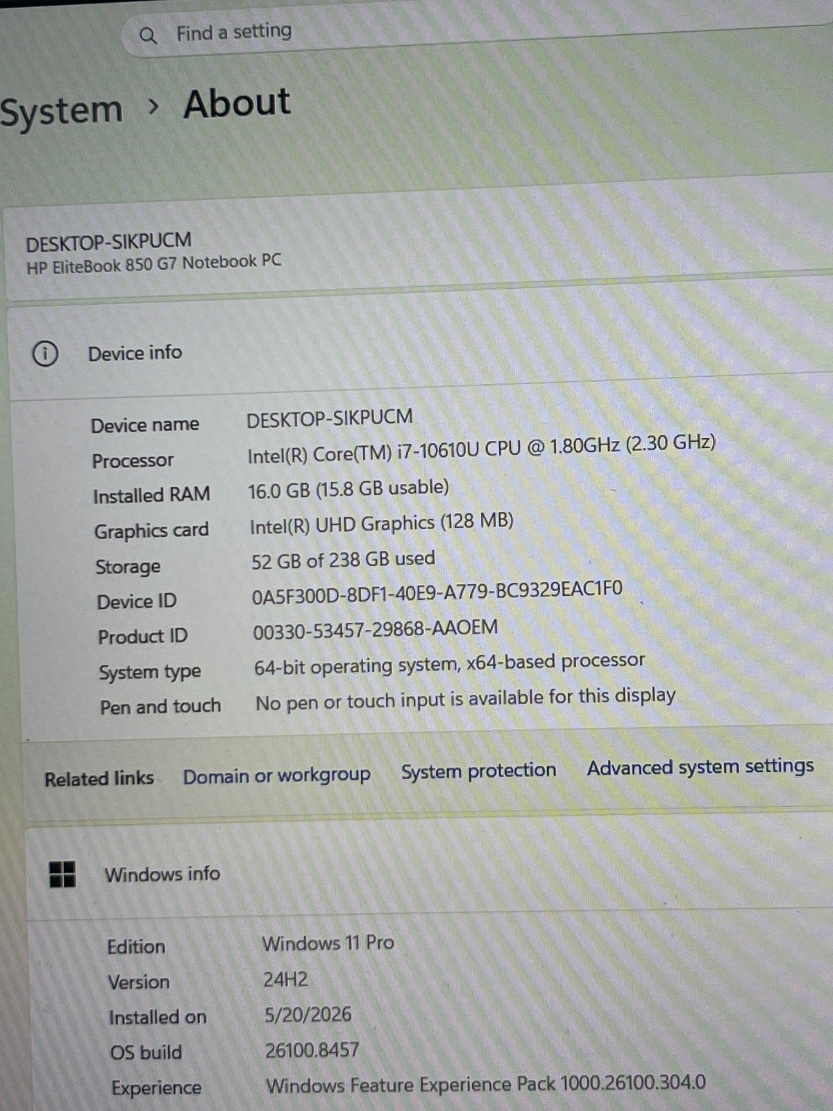 HP ELITEBOOK 850 G7 i7-10610U@1.80GHz 16GB RAM 256GB M.2 NVMe W11P w/AC