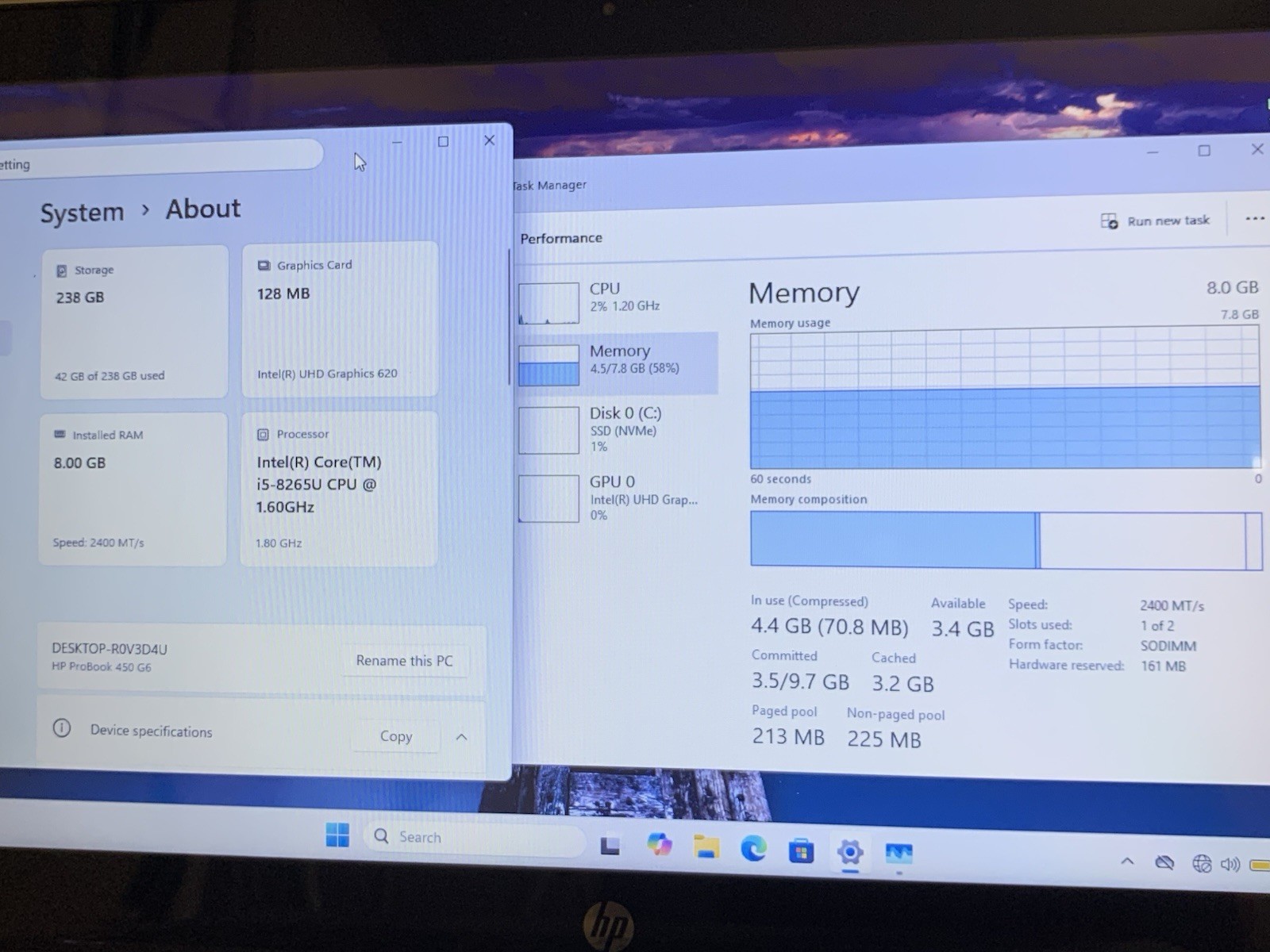 HP ProBook 450 G6 i5-8265U 8GB 256GB SSD Win11 15.6in Touch Silver
