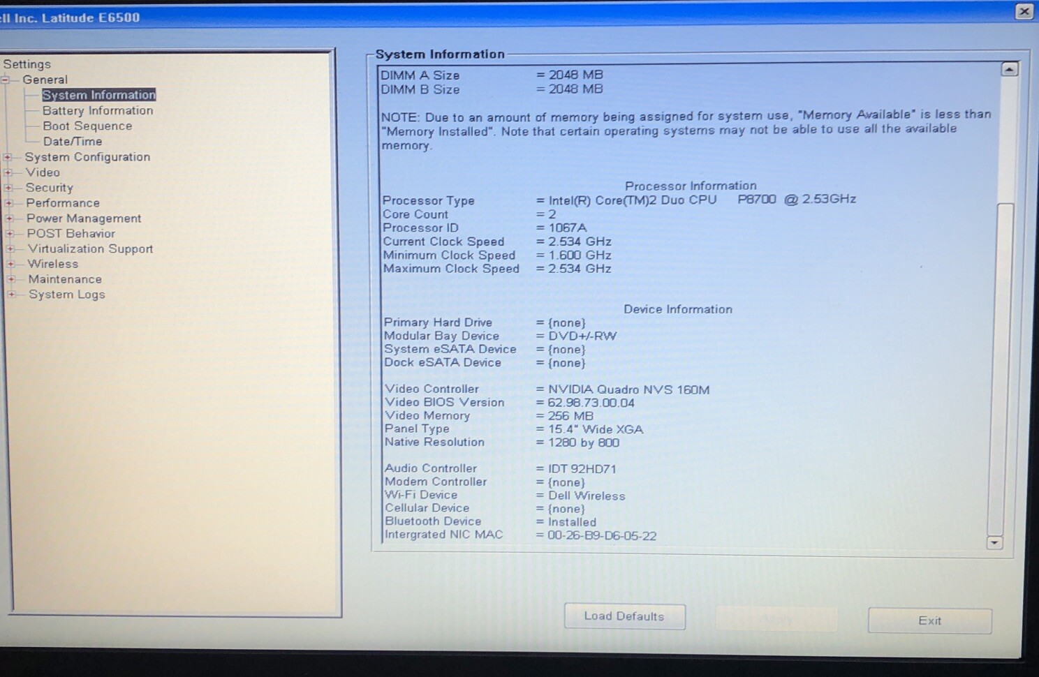Dell Latitude E6500 Intel Core 2 Duo 2.53GHz 4GB BOOTS TO BIOS