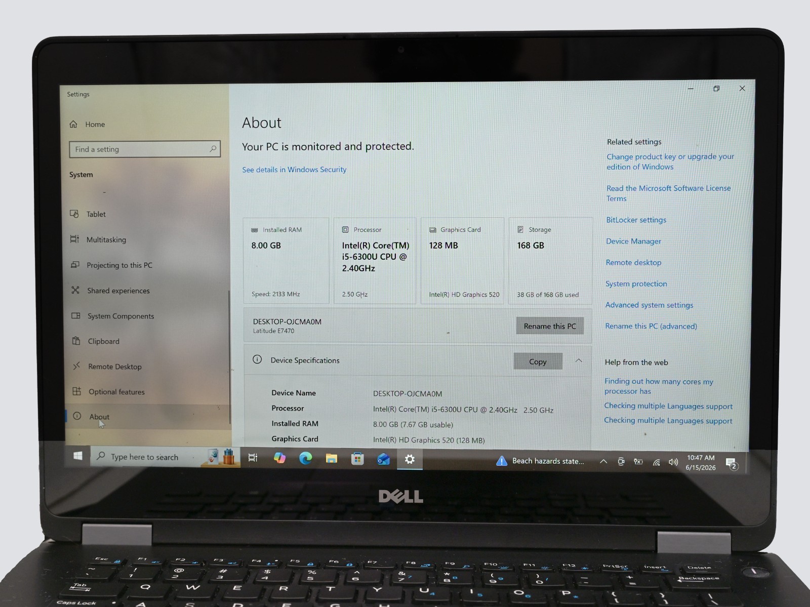 Dell Latitude E7470 i5-6300u 2.4GHz 8GB RAM 256GB SSD Win 10P – NO BATTERY