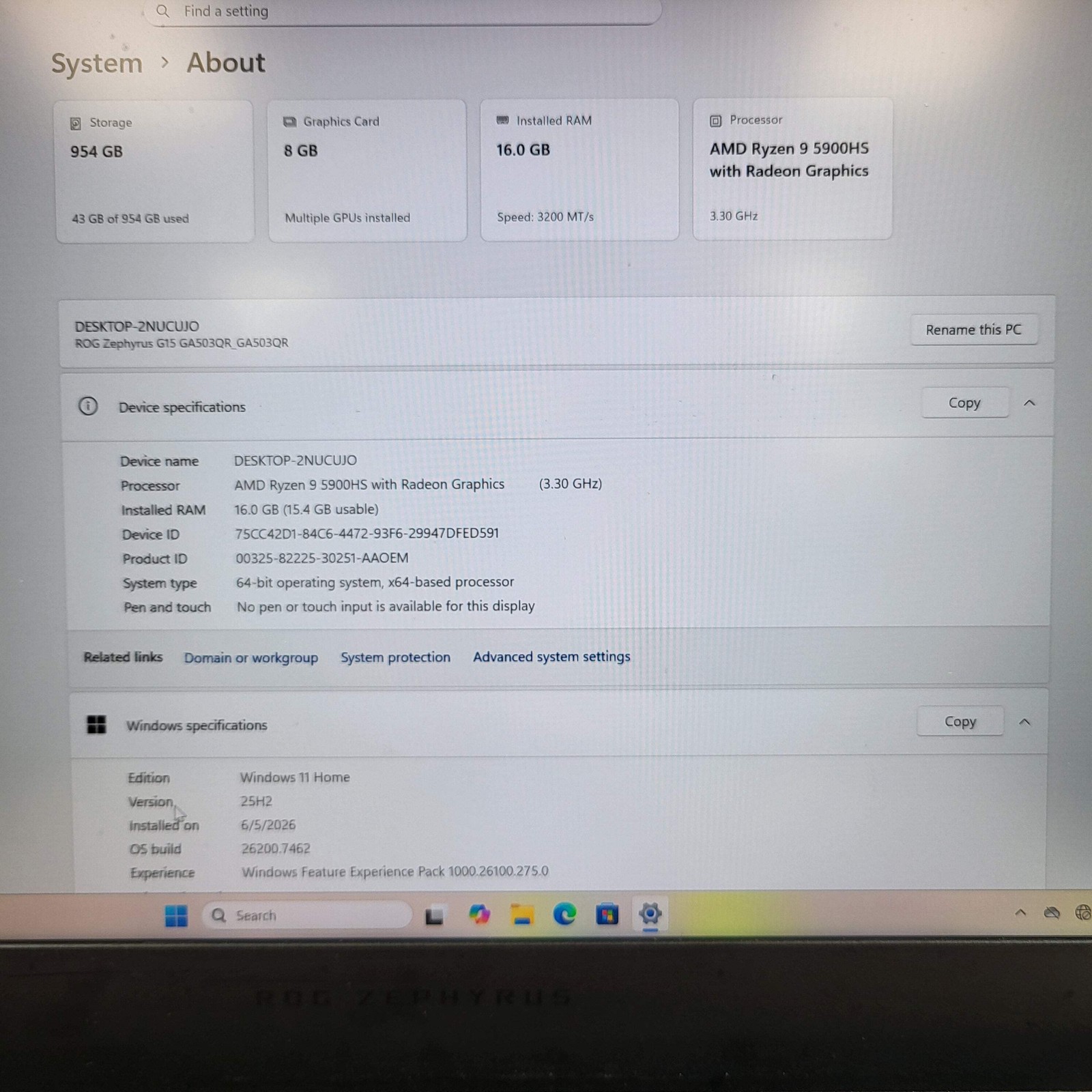 Asus ROG Zephyrus G15 GA503Q 15.6″ Ryzen 9 5900HS 16GB RAM 1TB GeForce RTX 3070