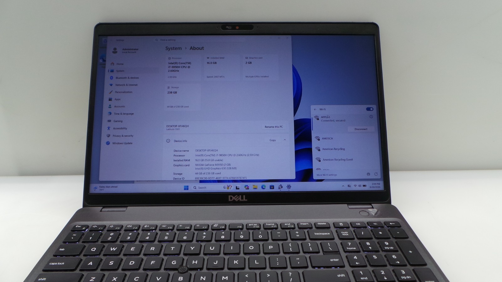 Dell Latitude 5501 | 15.6″ | i7-9850H 2.60GHz | 16GB RAM 256GB NVMe | WIN 11 PRO
