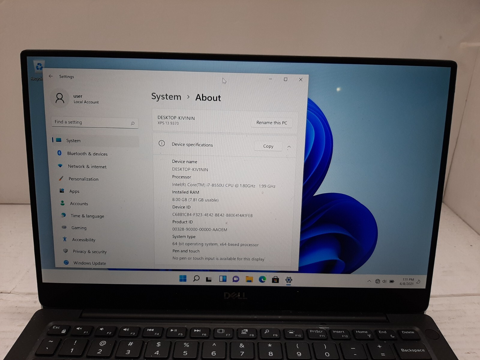 Dell XPS 13 9370 13.3″ i7-8550U 1.80GHz 8GB RAM 256GB SSD Win11 #97