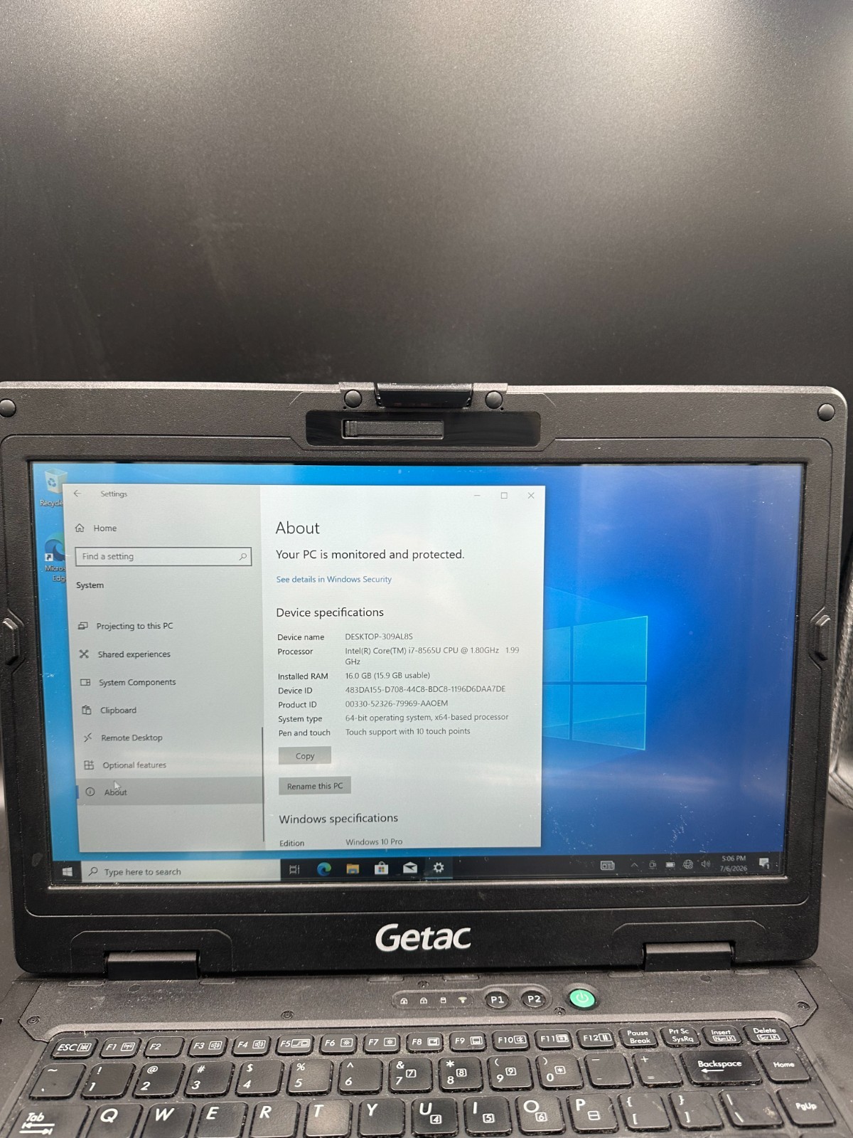 Getac S410 Laptop /Touch Screen / i7-8650U 16GB RAM 256GB SSD Win10 Pro Touch