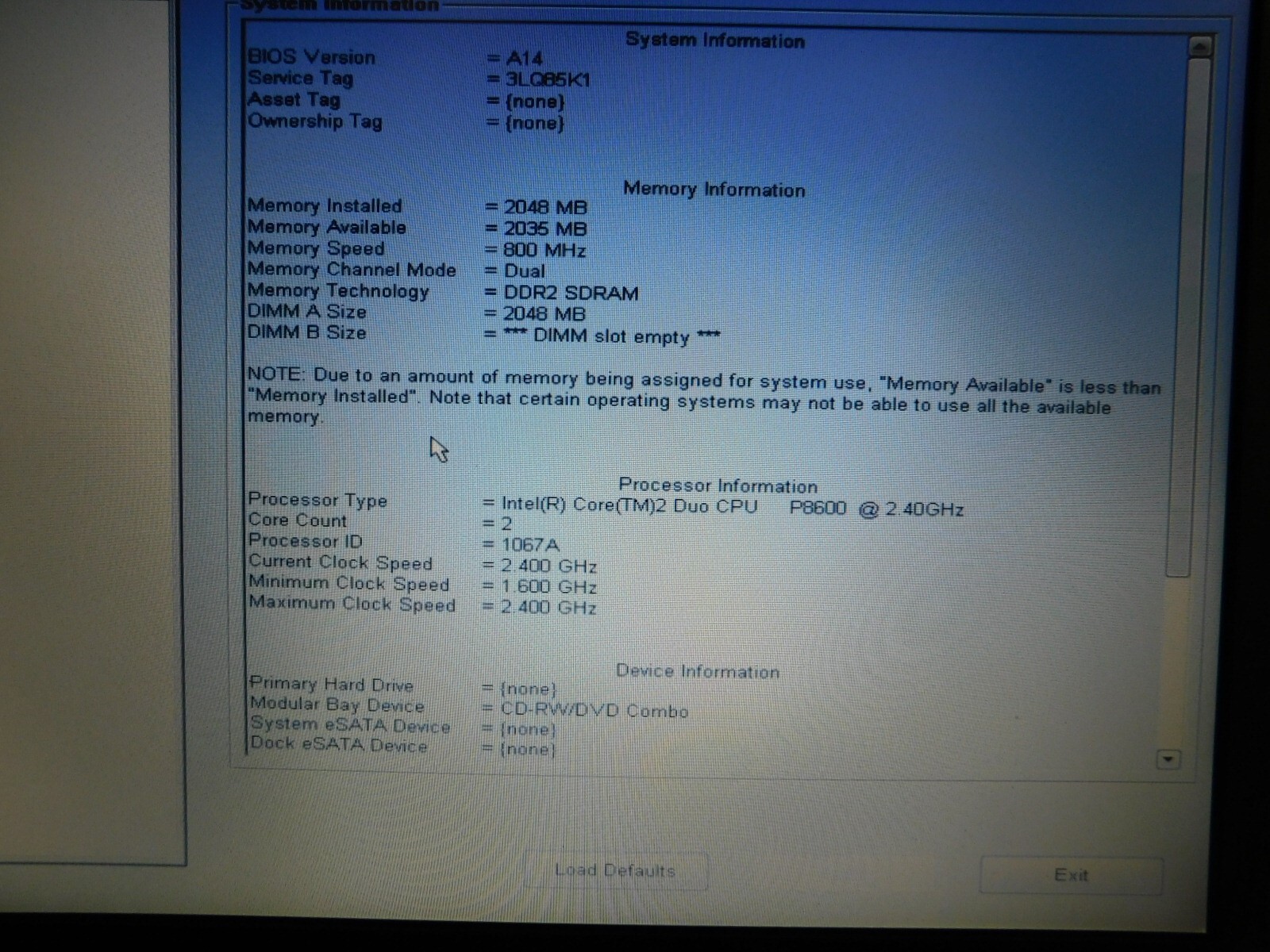 Dell Latitude E6400 Laptop – Core 2 duo P8600 – 2GB RAM – NO HDD – Boots to BIOS