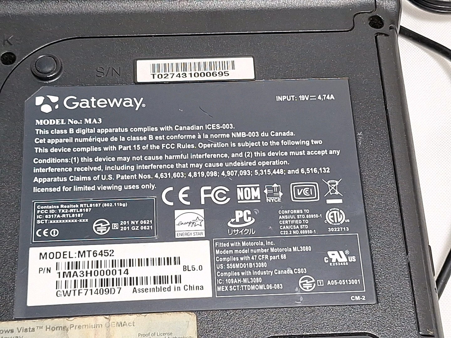 Gateway Laptop MA3 MT6452 AMD Turion 64 1.60GHz 1GB Ram 15.3″ Windows 7 Premium