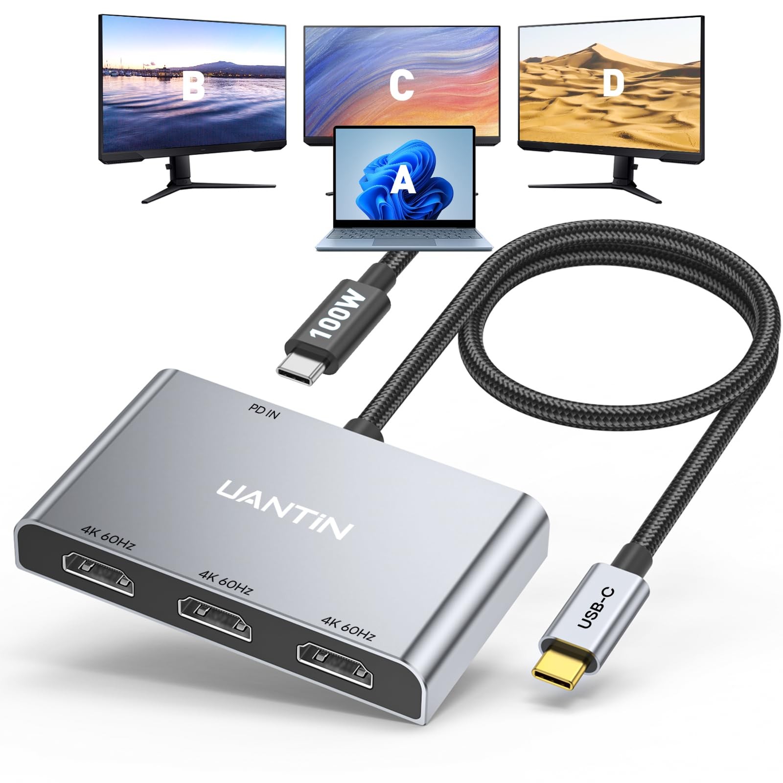 UANTIN USB C to 3 HDMI Adapter 4K@60Hz, 100W PD, Multi-Monitor Splitter