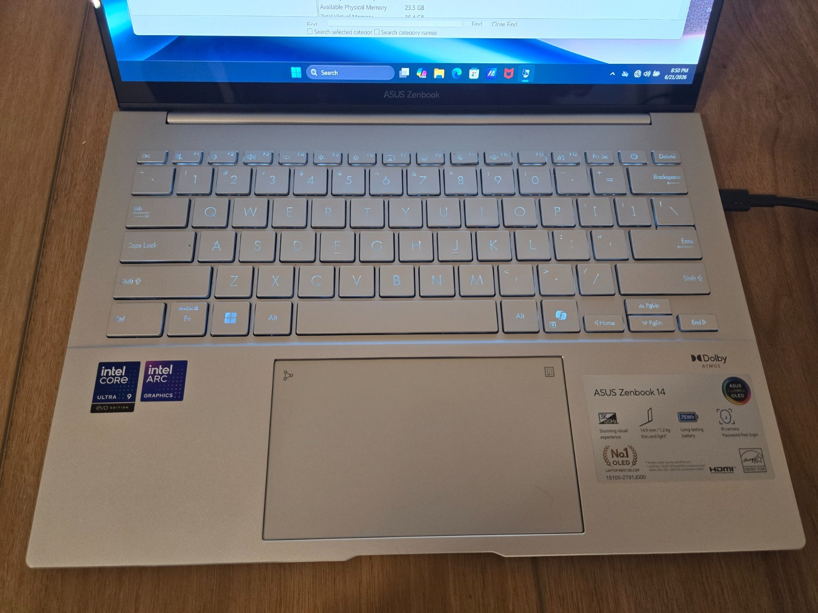 Asus Zenbook 14 CoreUltra 9 285H, 3K Touch, 32GB, 1TB SSD, Windows 11 Pro,Wifi 7