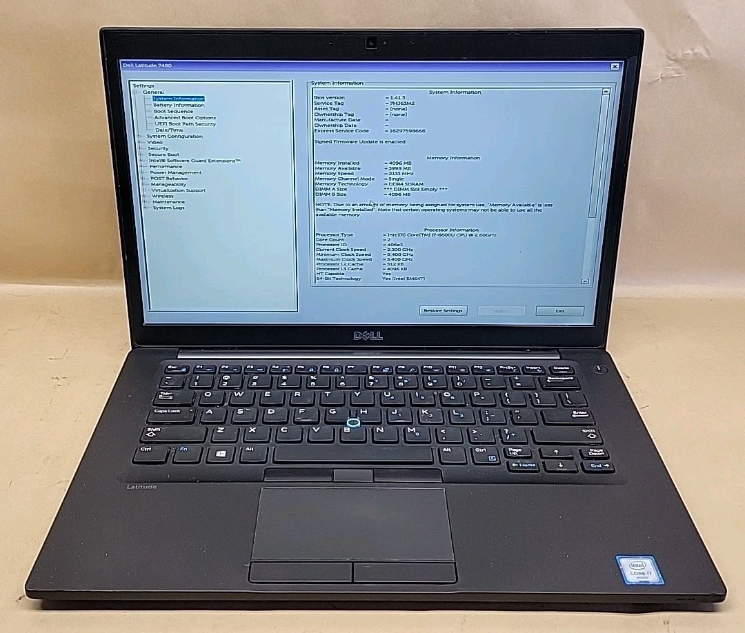 Dell Latitude 7480, Intel Core i7-6600U @ 2.6GHz, 4GB RAM, NO SSD, NO OS