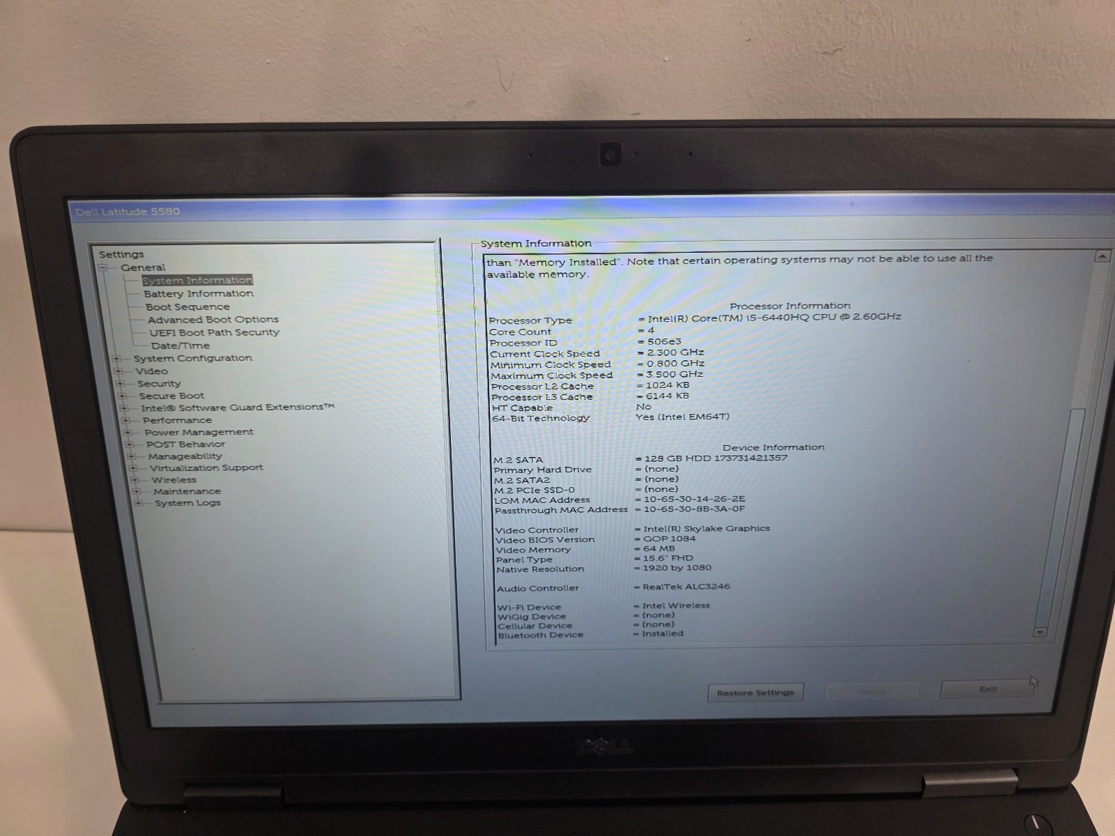 Dell Latitude 5580 i5-6440HQ 8GB 128GB SSD FHD Webcam Windows 11 Laptop