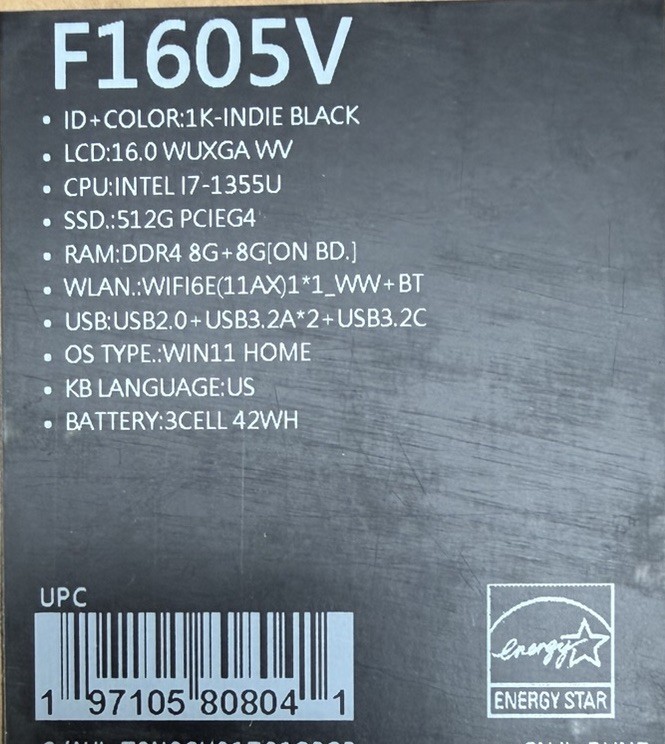 New ASUS Vivobook F1605VA 16” WUXGA Laptop Intel Core i7-1355U 16GB 512GB SSD