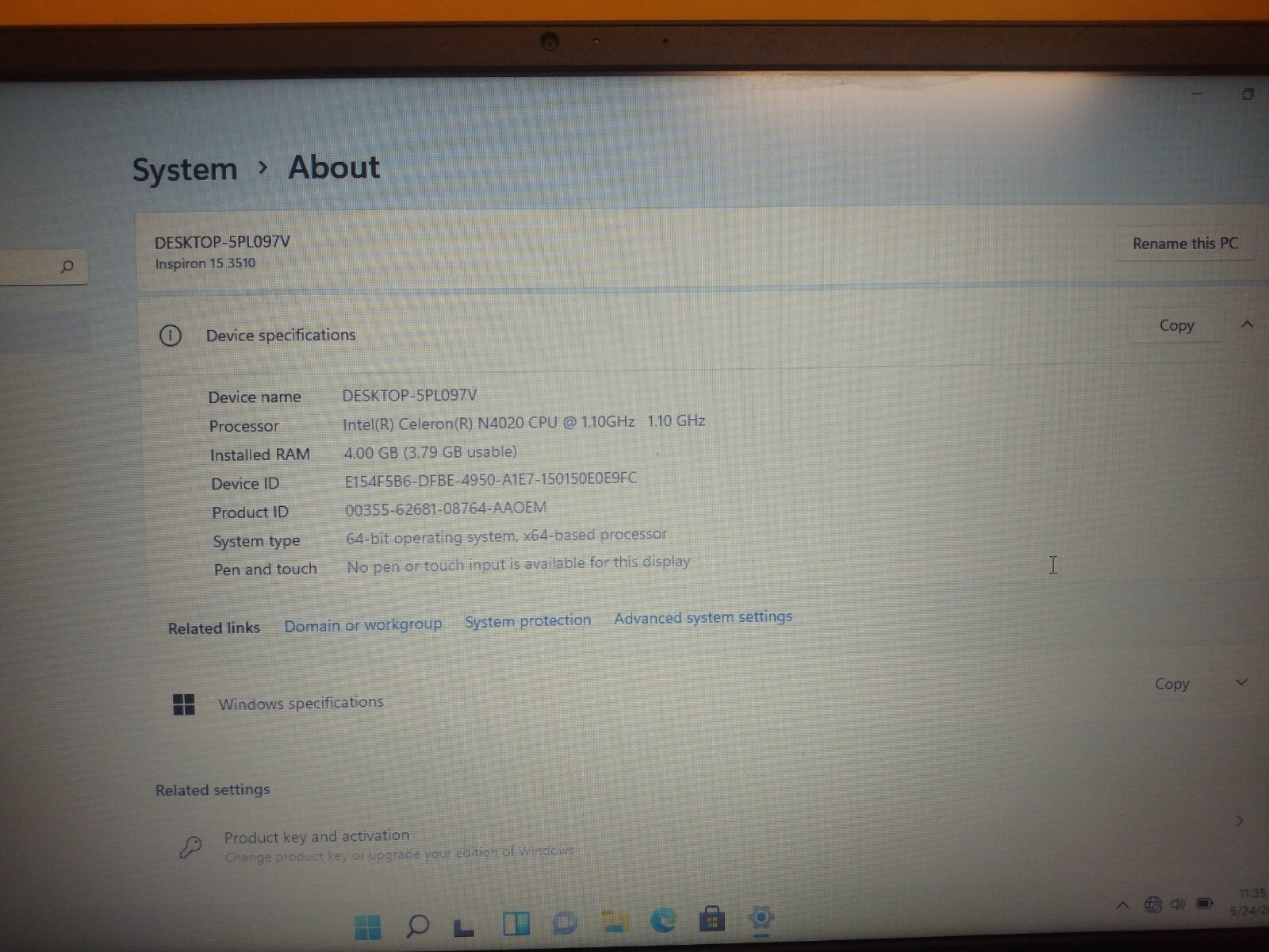 Dell Inspiron 15 3510 15.6″ Intel Celeron N4020 4GB DDR4 Ram 128GB SSD WiFi Grey
