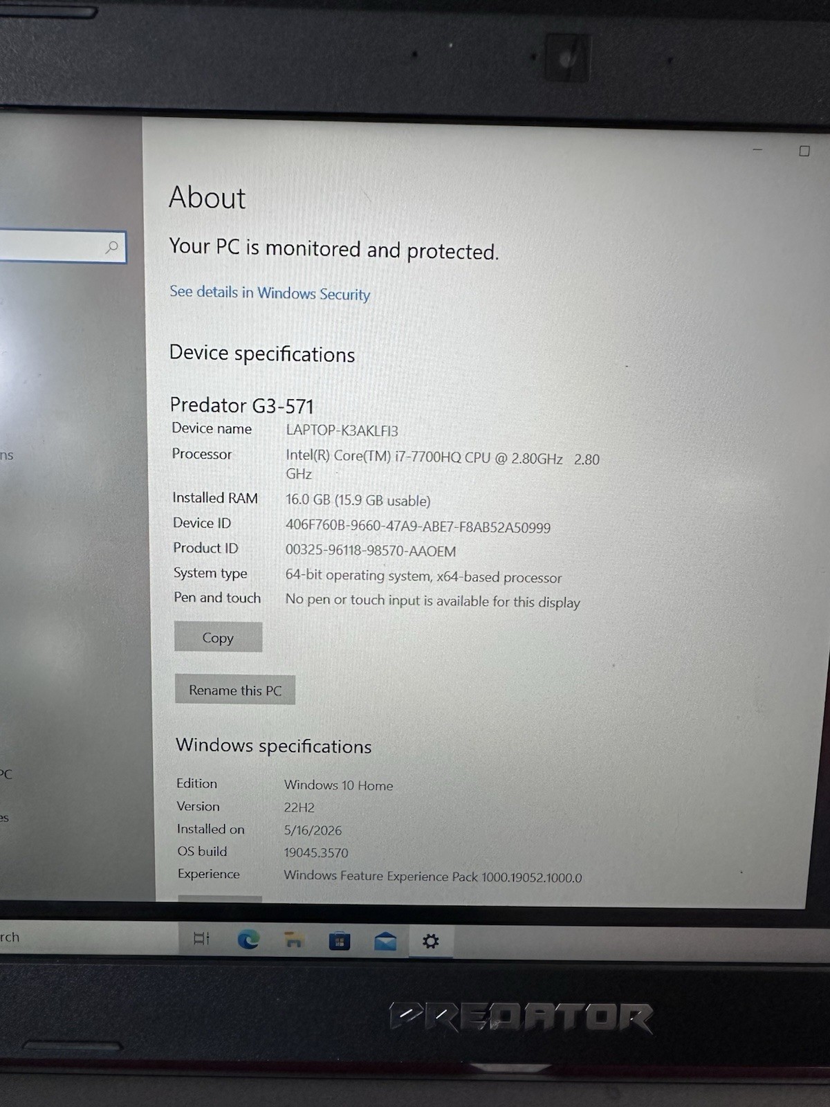 Acer Predator Helios 300 Windows 10 Home 15.6″ Intel Core i7=7700HQ NO SOUND