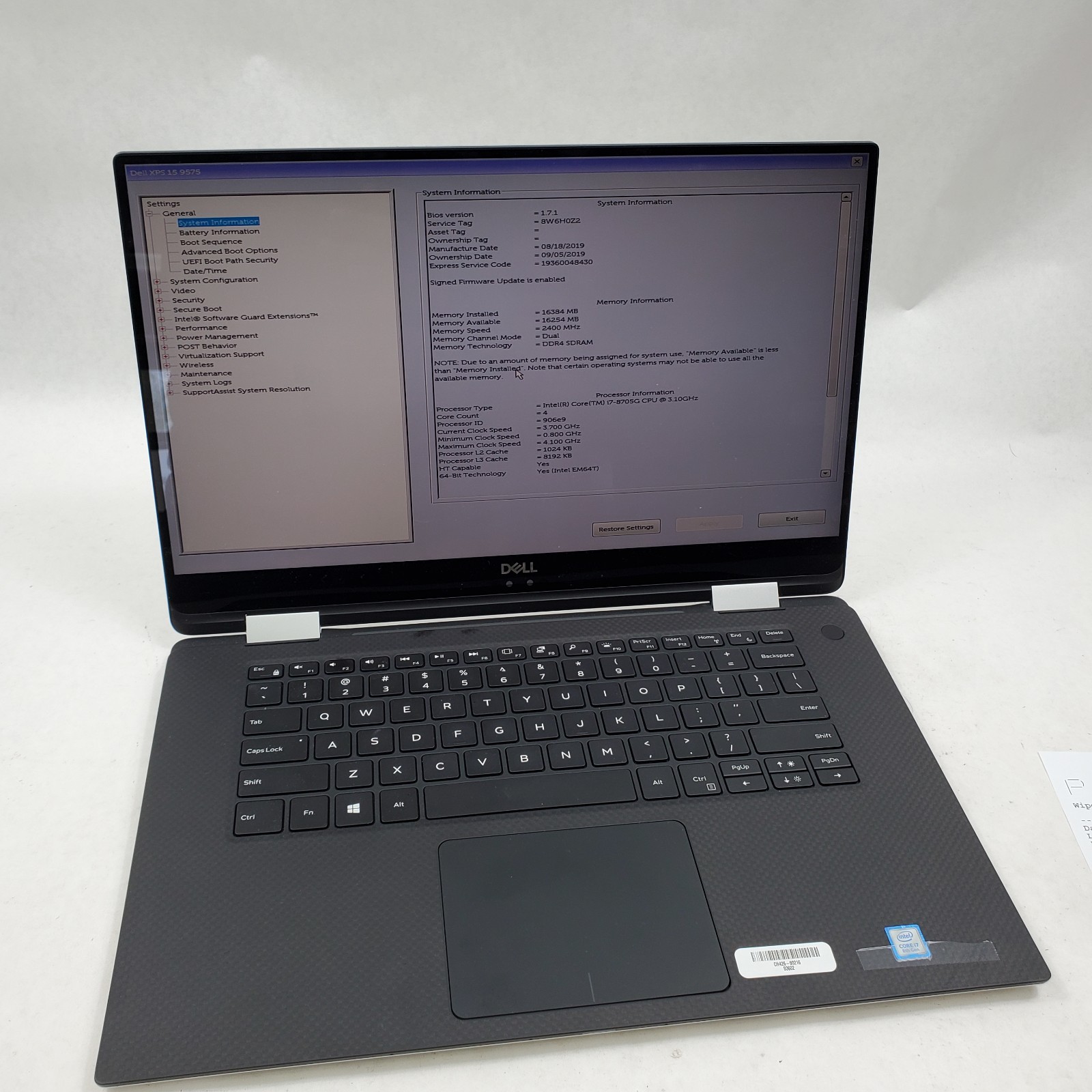 Dell XPS 15 9575 UHD 2 in 1 laptop Intel Core i7-8705G 3.1GHz 16GB RAM NO SSD