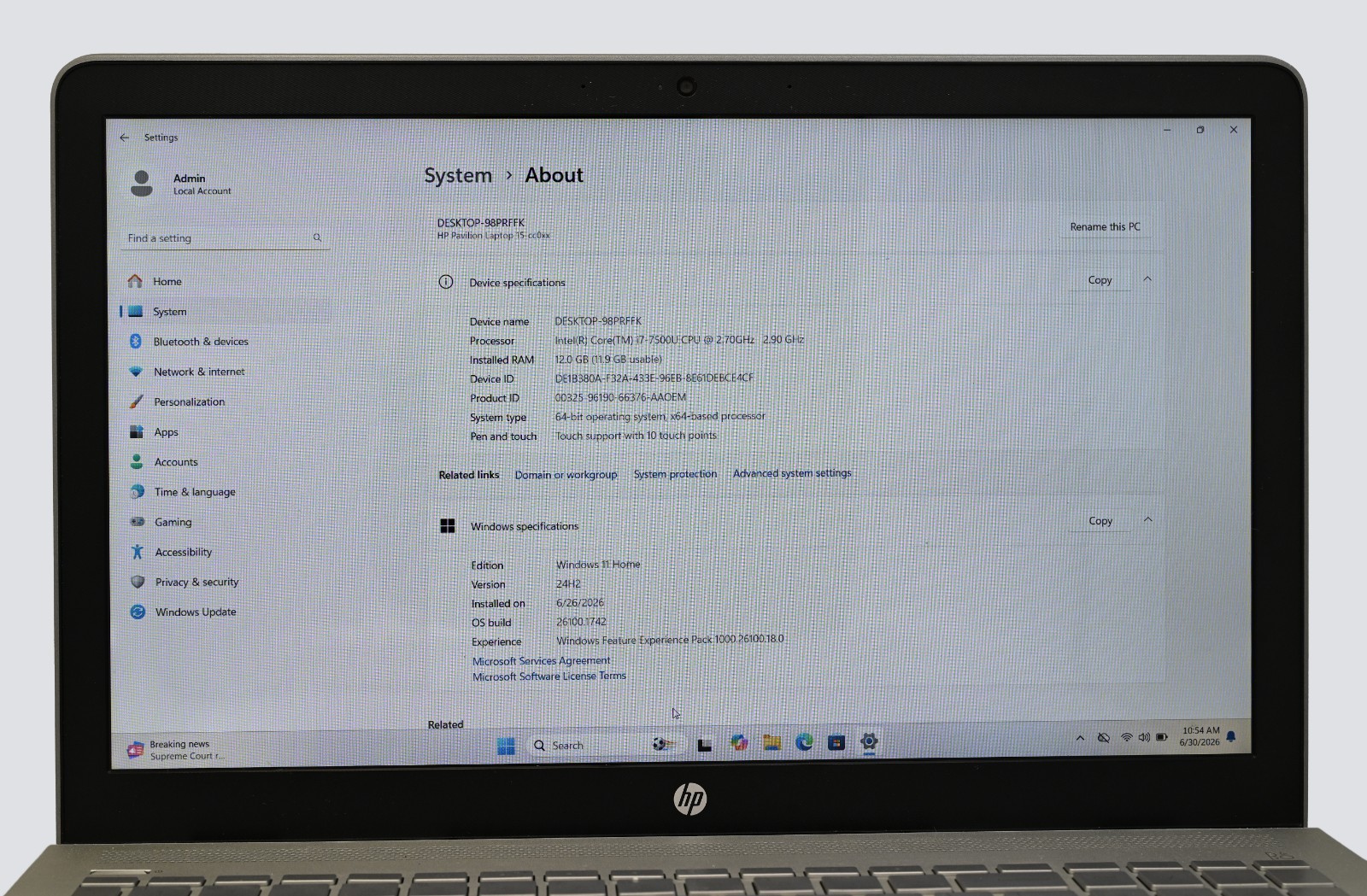 HP Pavillion Laptop 15-cc0xx i7-7500 2.7GHz 12GB RAM 256GB SSD Windows 11 Home