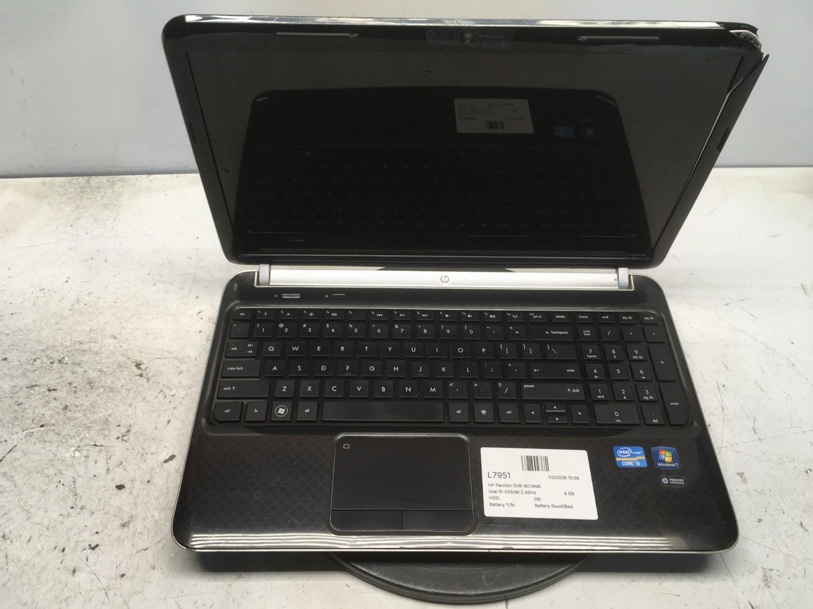 HP Pavilion DV6-6C14NR Intel i5-2450M 2.5GHz 4GB NO HDD