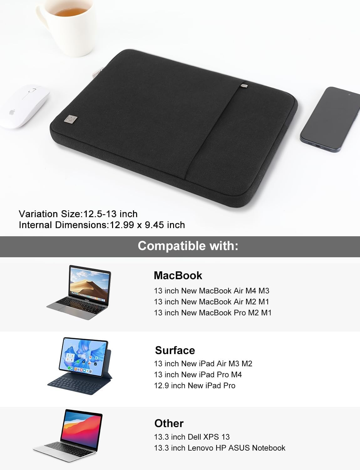 Laptop Case Sleeve Cover Bag for 13 inch MacBook Air M5(2026) M4 M3 M2 M1, Black