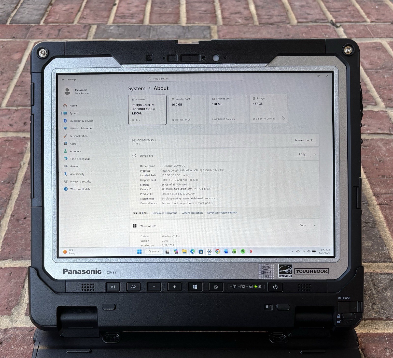 Panasonic Toughbook CF-33 1.1GHz Win 11 Core i7-10810U 16GB RAM 512GB SSD 3110Hr