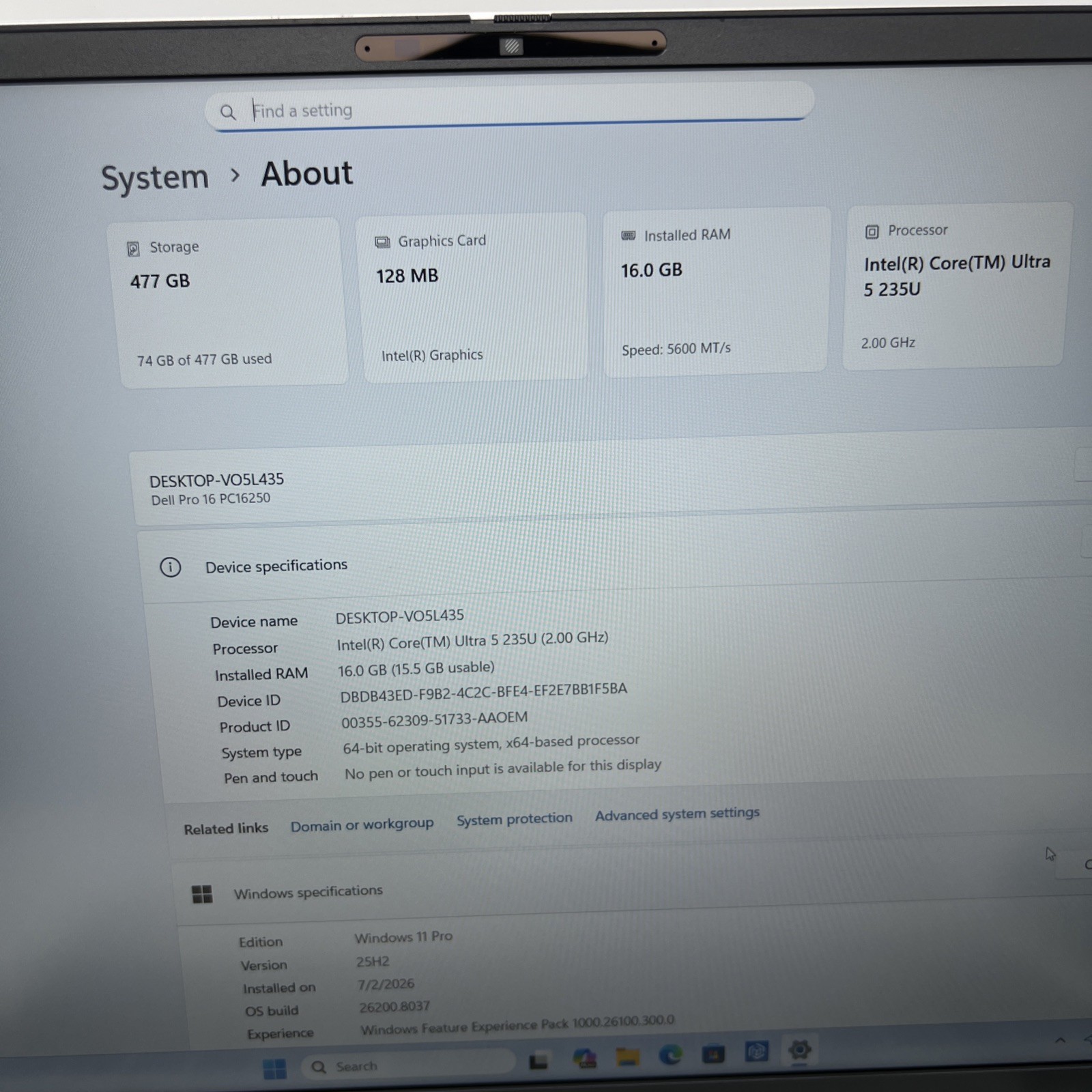 Dell Pro 16″ PC16250 Core Ultra 5 235U 16GB 512GB SSD W11P – Used Condition
