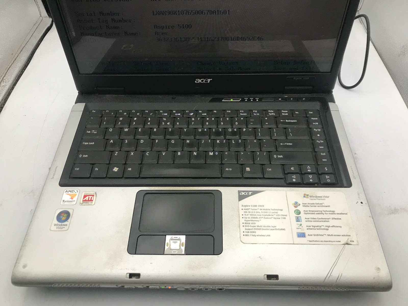 ACER ASPIRE 5100 3949 – BOOTS TO BIOS – AMD TURION 64 – 1GB RAM – RREAD DESC -BB