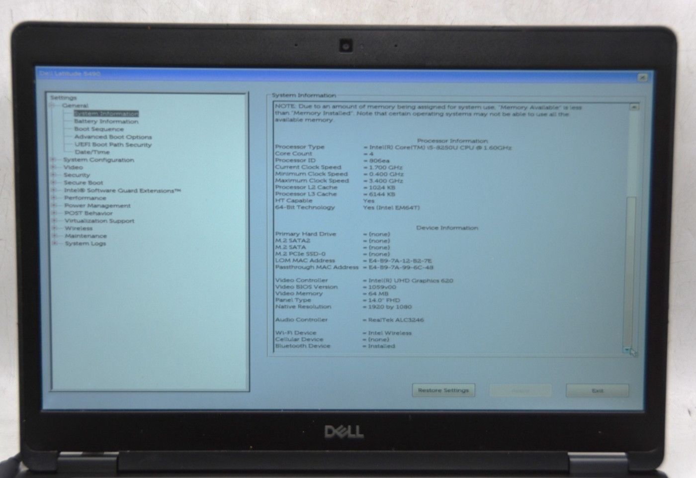 Dell Latitude 5490-i5-8250U-@1.6GHz-8GB RAM-NO STORAGE OR OS *USED/TESTED* READ