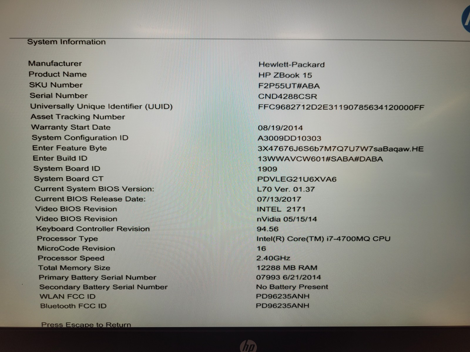 HP ZBook 15 i7-4700MQ 2.40GHZ 12GB Ram Laptop [NO OS] READ- bios locked