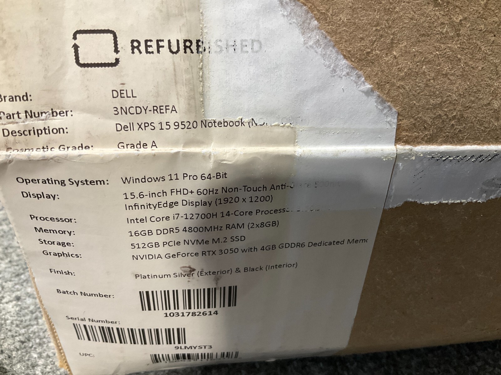 Dell XPS 15 9520 i7-12700H 16GB 512GB BT5 WiFi6E RTX3050 15.6WU W11P 3NCDY