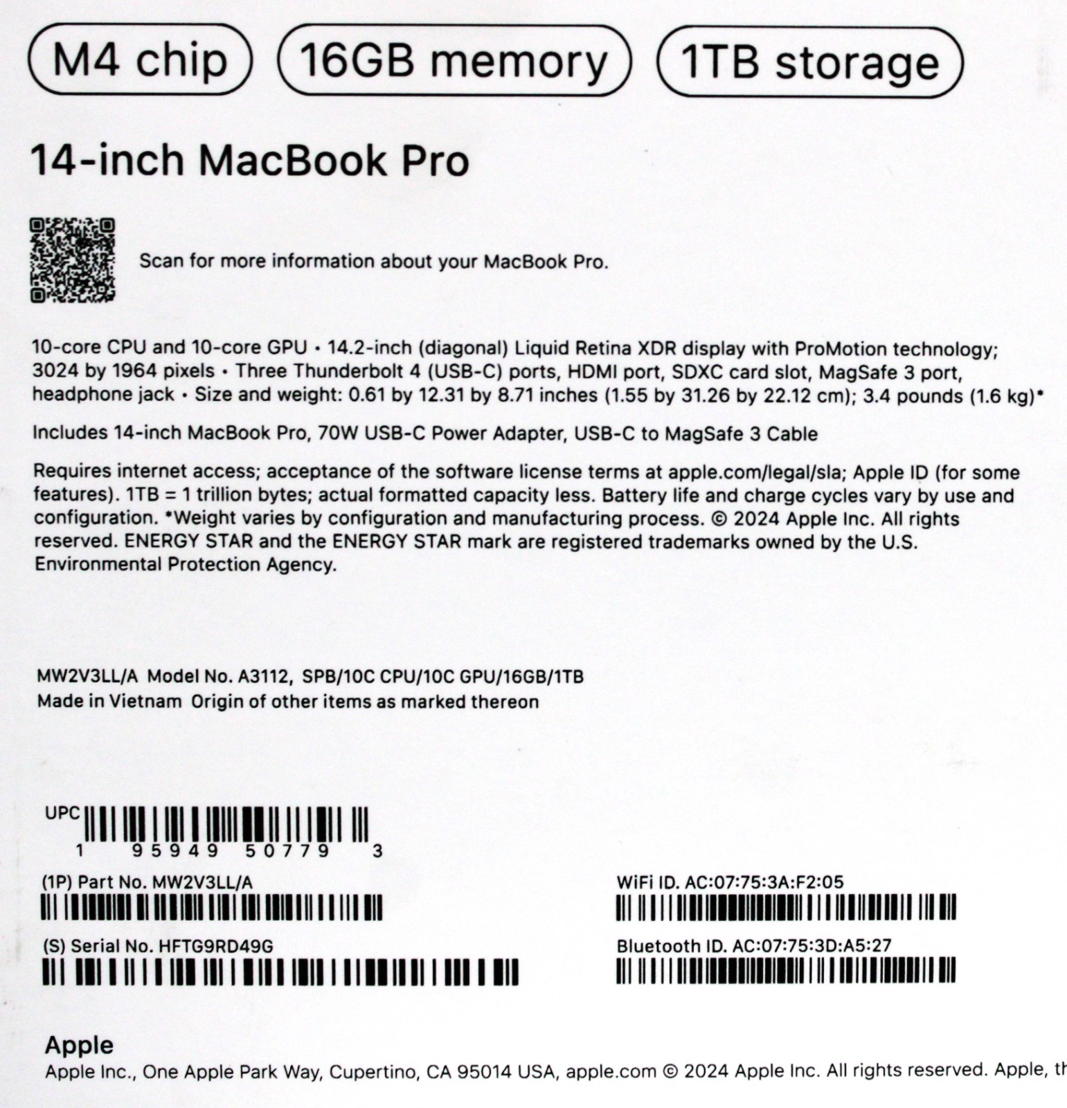 Apple | MW2V3LL/A | A3112 MacBook Pro | 16Gb Memory | 1 TB Storage – Open Box