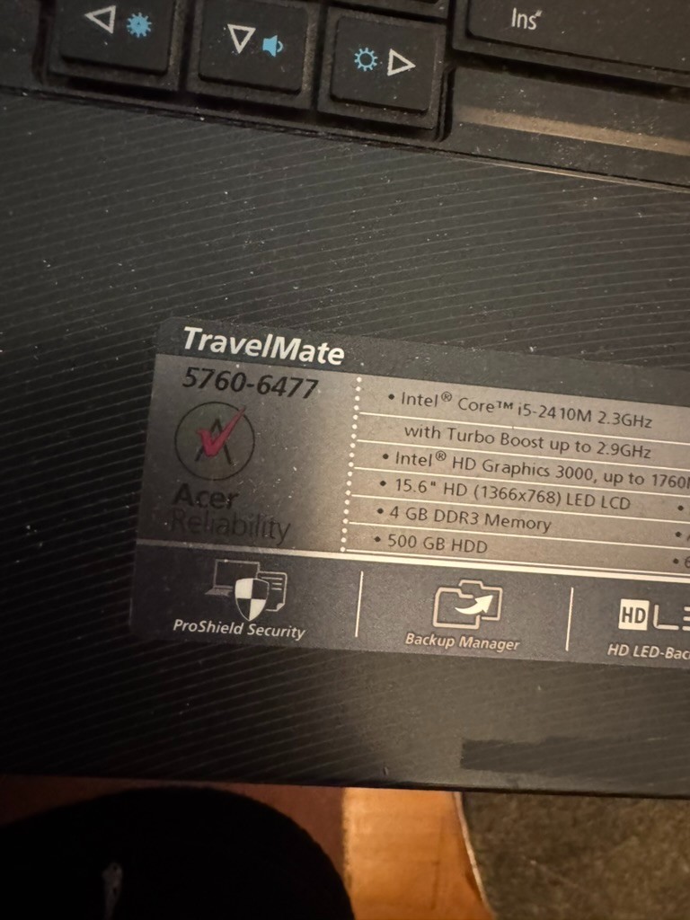 Acer TravelMate 5760 i5-2410M 4GB RAM – No HDD – Boots to BIOS – Parts/Repair