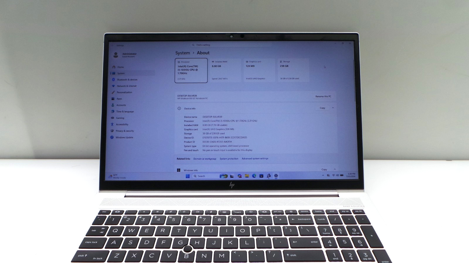 HP EliteBook 850 G7 15.6″ | i5-10310U 1.70GHz | 8GB RAM 256GB NVMe | WIN 11 PRO