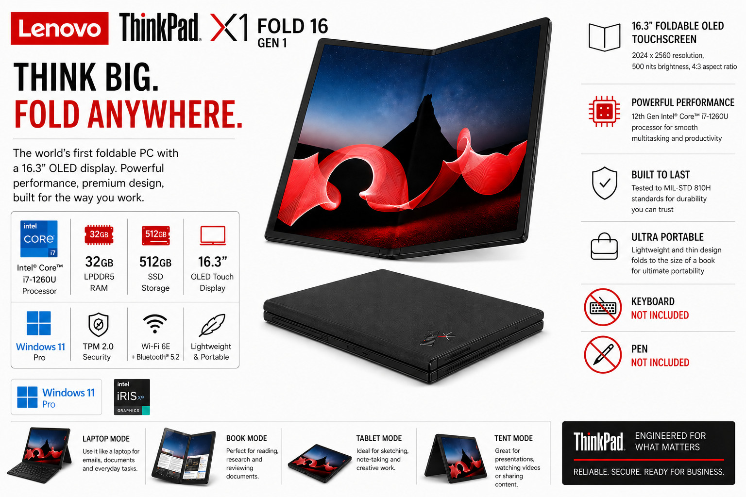 NEW Lenovo ThinkPad X1 Fold 16.3″ OLED QHD Intel Core i7 32GB 512GB SSD Win11P