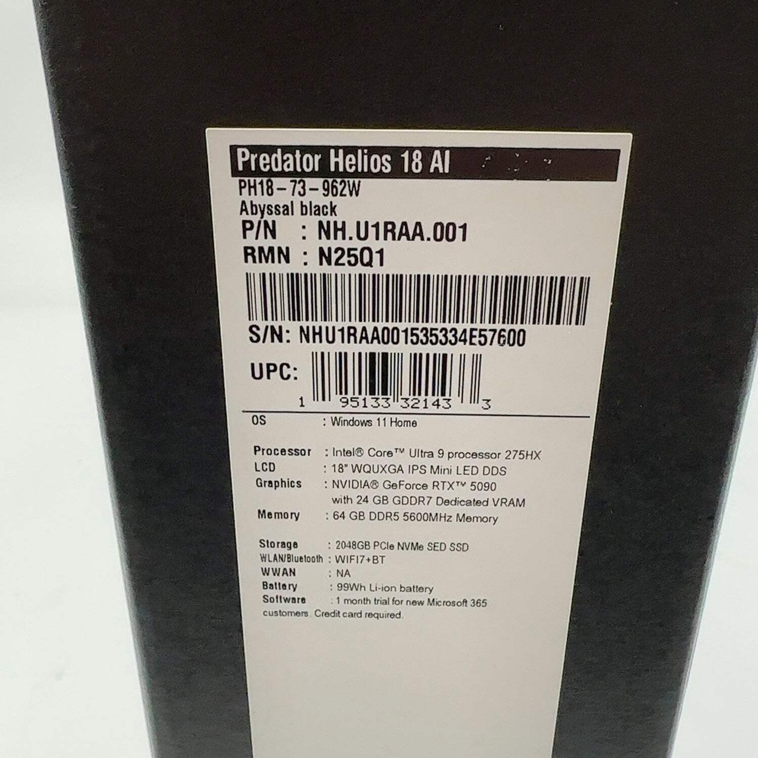 New Acer Predator Helios 18 AI 18″ Core Ultra 9 275HX 1.9GHz 64GB