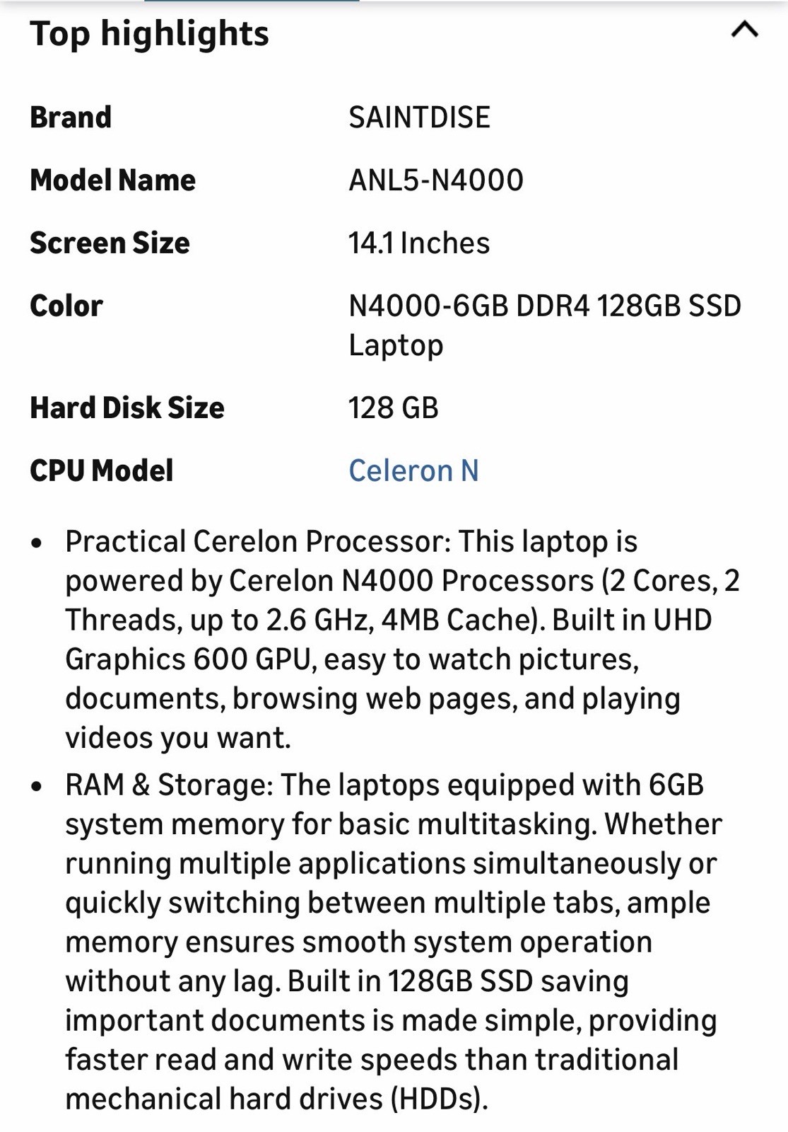 Saintdise Laptop Computer 14” Dual-Core Cerelon N4000 6GB RAM 128GB SSD (T6)