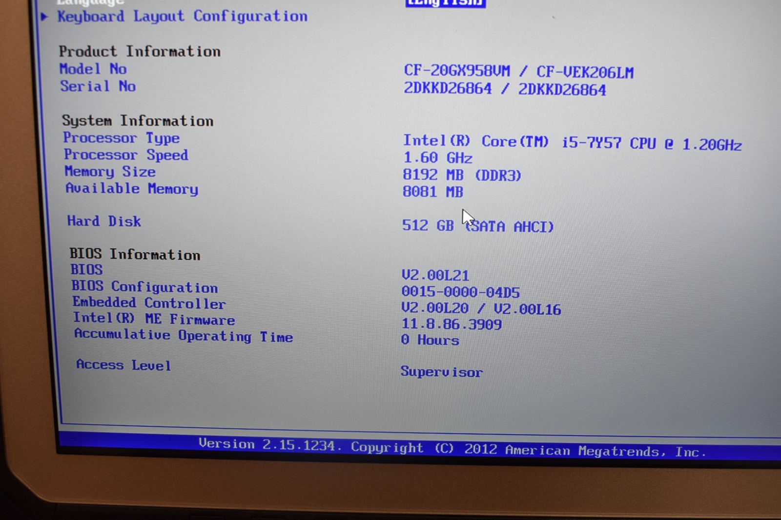 Panasonic Toughbook CF-20 1.6 GHz Core i5-7Y57 @ 1.2GHz 8GB 512GB Win10 Hours 0